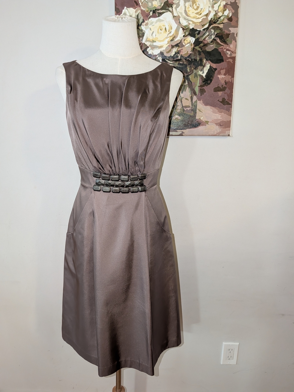 Badgley Mischka Brown Satin Midi Dress with Decorative Waist Detail